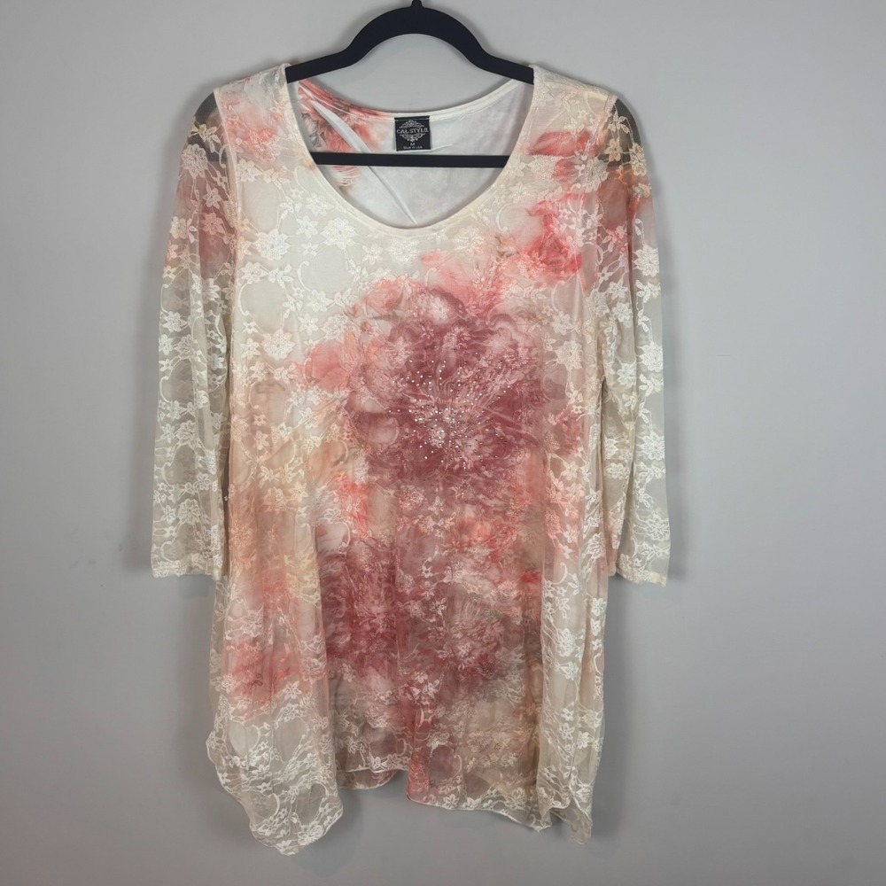 Cal Style Women's Rhinestone Pink Floral Lace overlay‎ 3/4 sleeve tunic MED Y2K